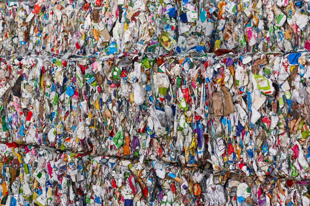 Recycled and packaged waste. Sustainable industry. Disposal material